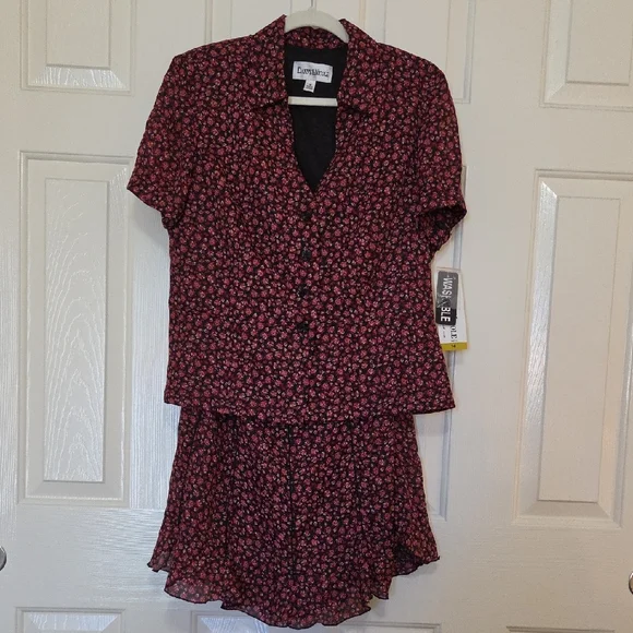 90s Vintage Danny & Nicole Burgundy Pink Floral Short Sleeve Top and Skirt Set - Picture 1 of 5
